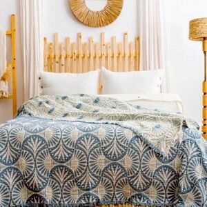 Modern Ginkgo King Bedspread Teal Ecru Woven Reversible Luxury Cotton NEW